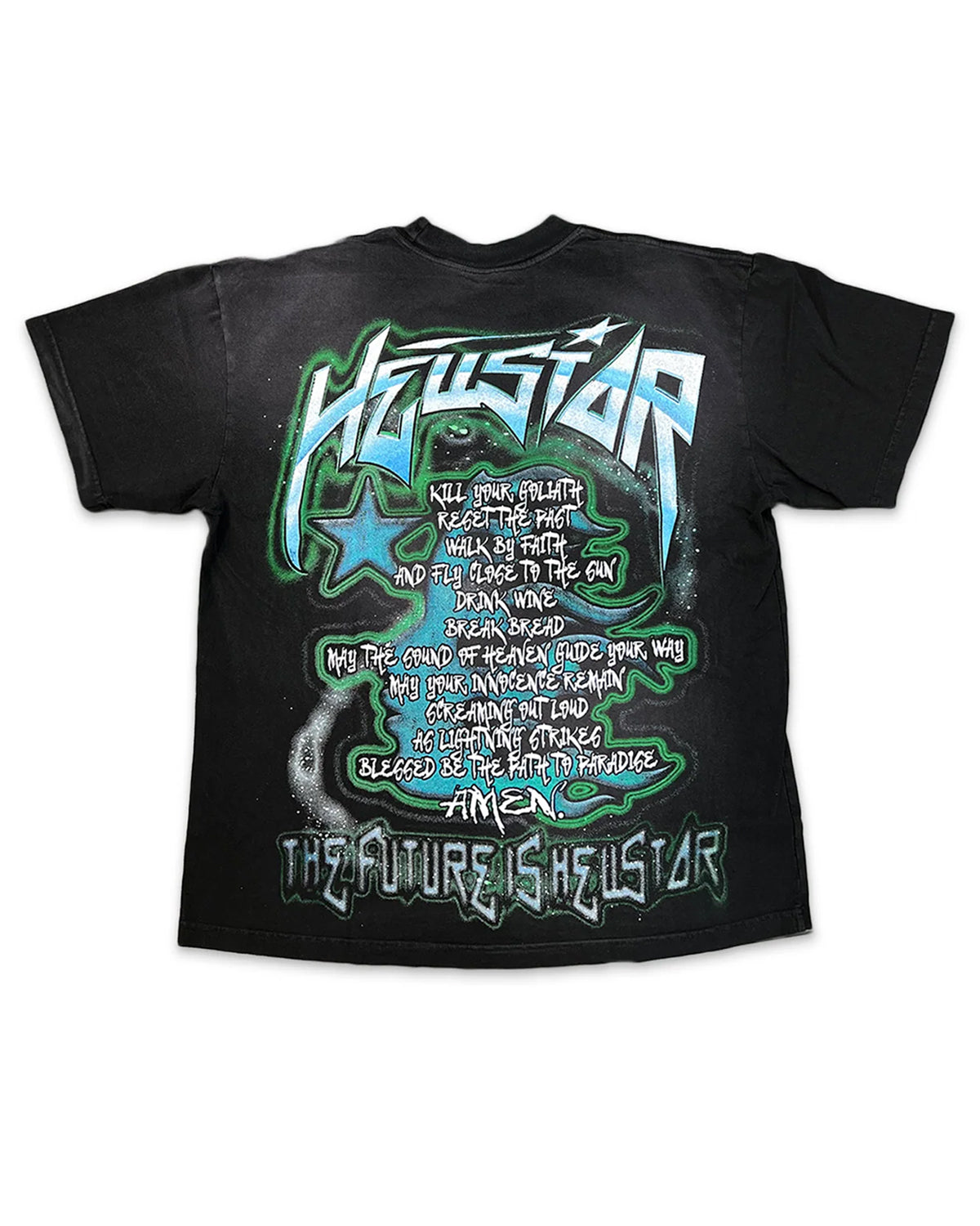 Hellstar Future Tee Black/Green, back view with Hellstar poem graphic and The Future Is Hellstar text