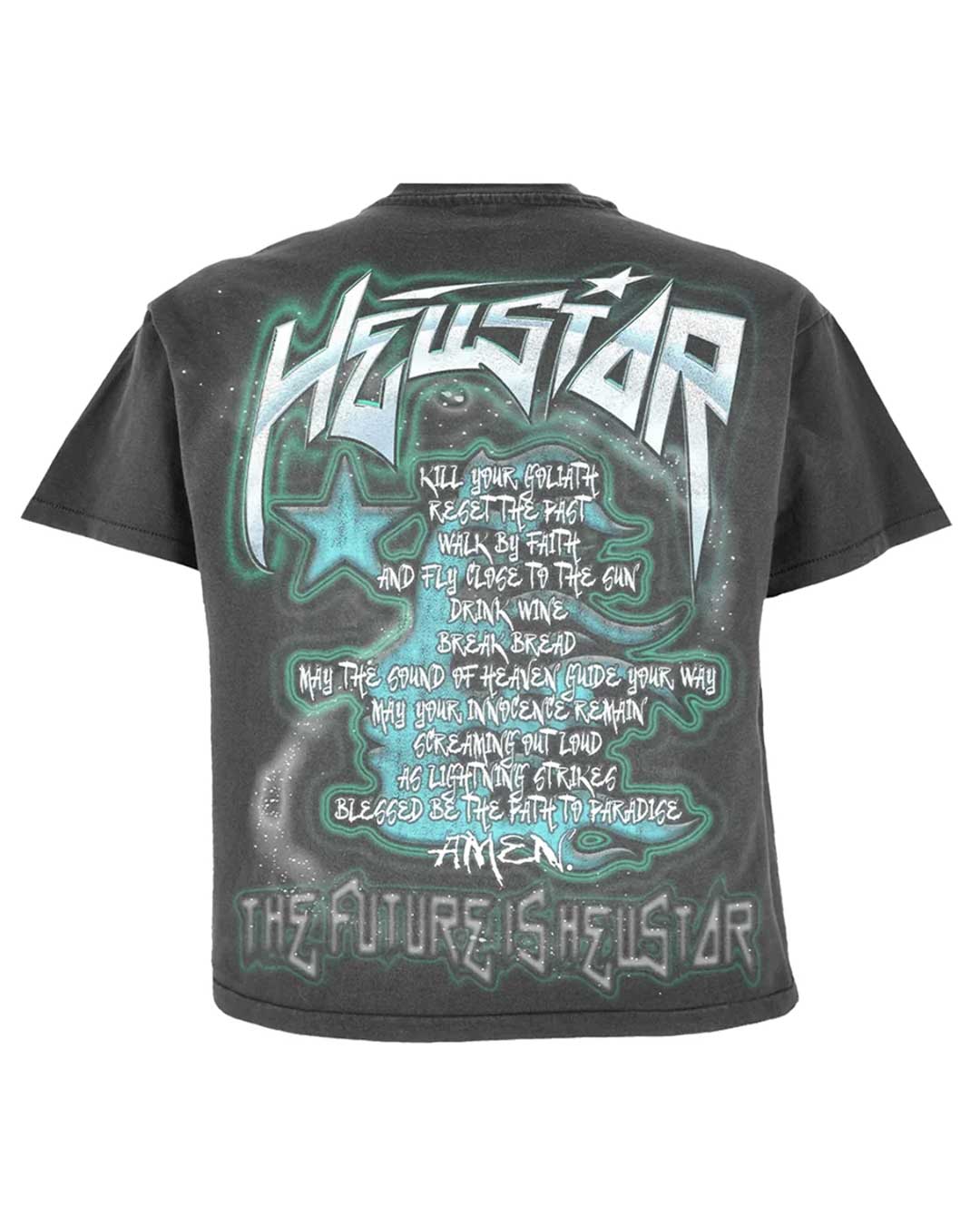 Hellstar Future Tee black, back view with the chrome Hellstar logo, teal star and The Future Is Hellstar text