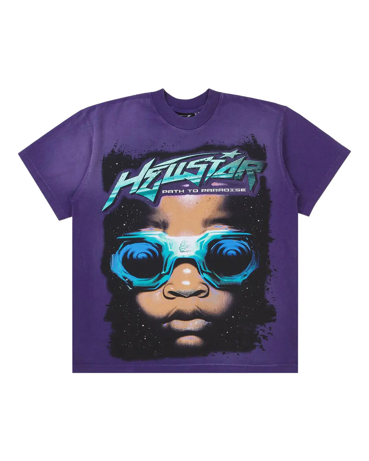 Hellstar Goggles Tee Purple, airbrushed goggles portrait graphic with Hellstar Path To Paradise logo, front view