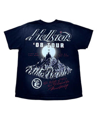 Hellstar Metal Angel Tee black, back view with Hellstar 08 Tour script over a sunburst mountain range