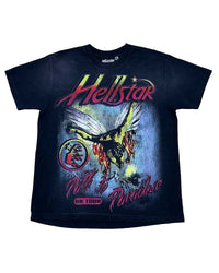 Hellstar Metal Angel Tee black, washed tee with an airbrushed winged figure breaking through flames and Path To Paradise script, front view