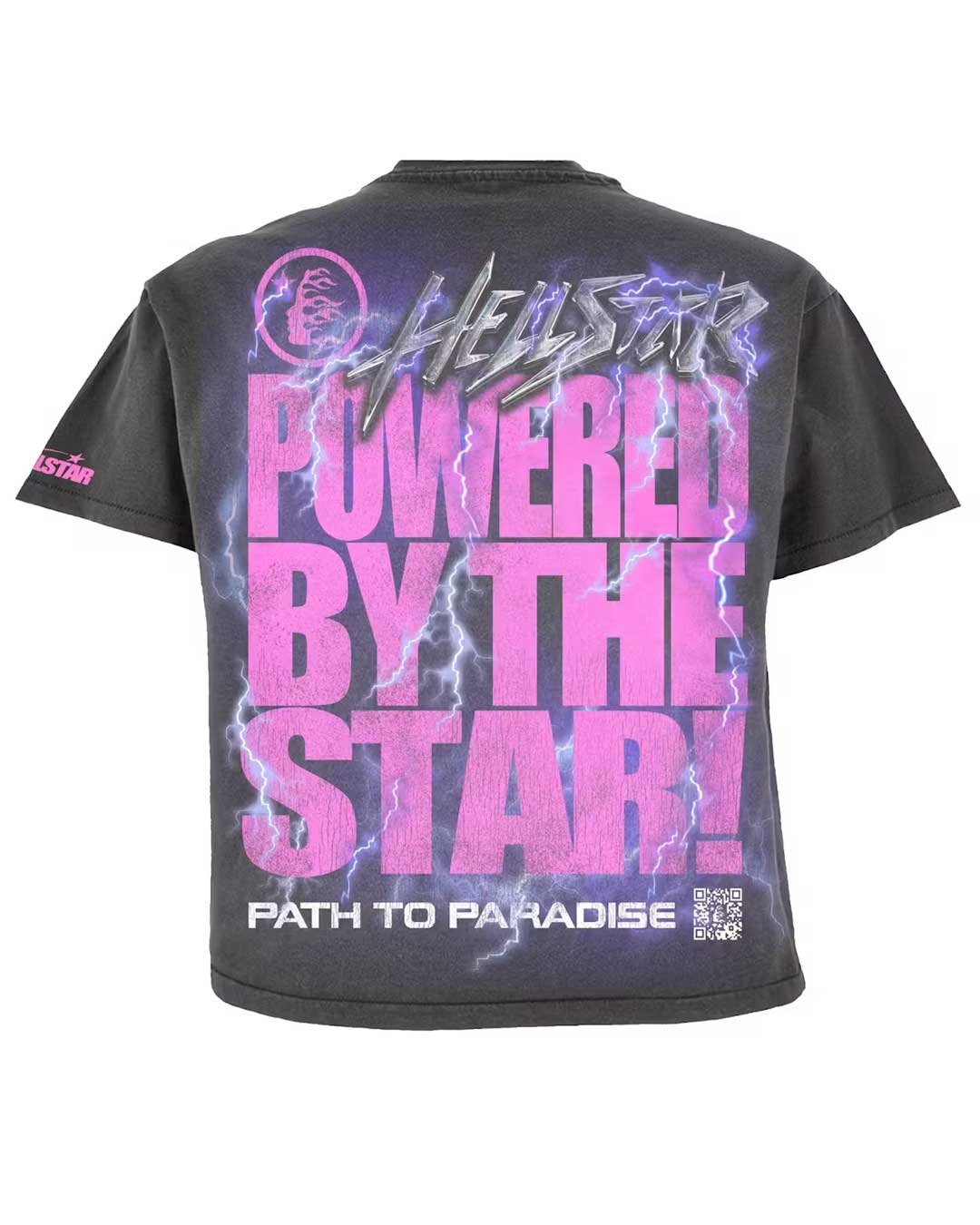 Hellstar Powered By The Stars Tee black, back view with Powered By The Stars in oversized pink type over purple lightning