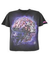 Hellstar Powered By The Stars Tee black, washed tee with a football helmet fused to an exposed brain in purple lightning, front view