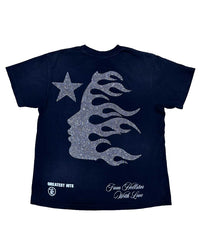Hellstar Rodman Tee black, back view with a rhinestone-look flame profile, star and Greatest Hits text