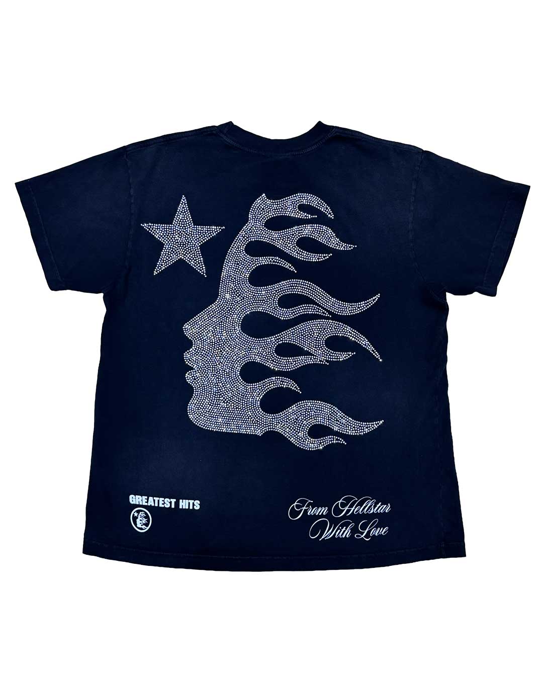 Hellstar Rodman Tee black, back view with a rhinestone-look flame profile, star and Greatest Hits text