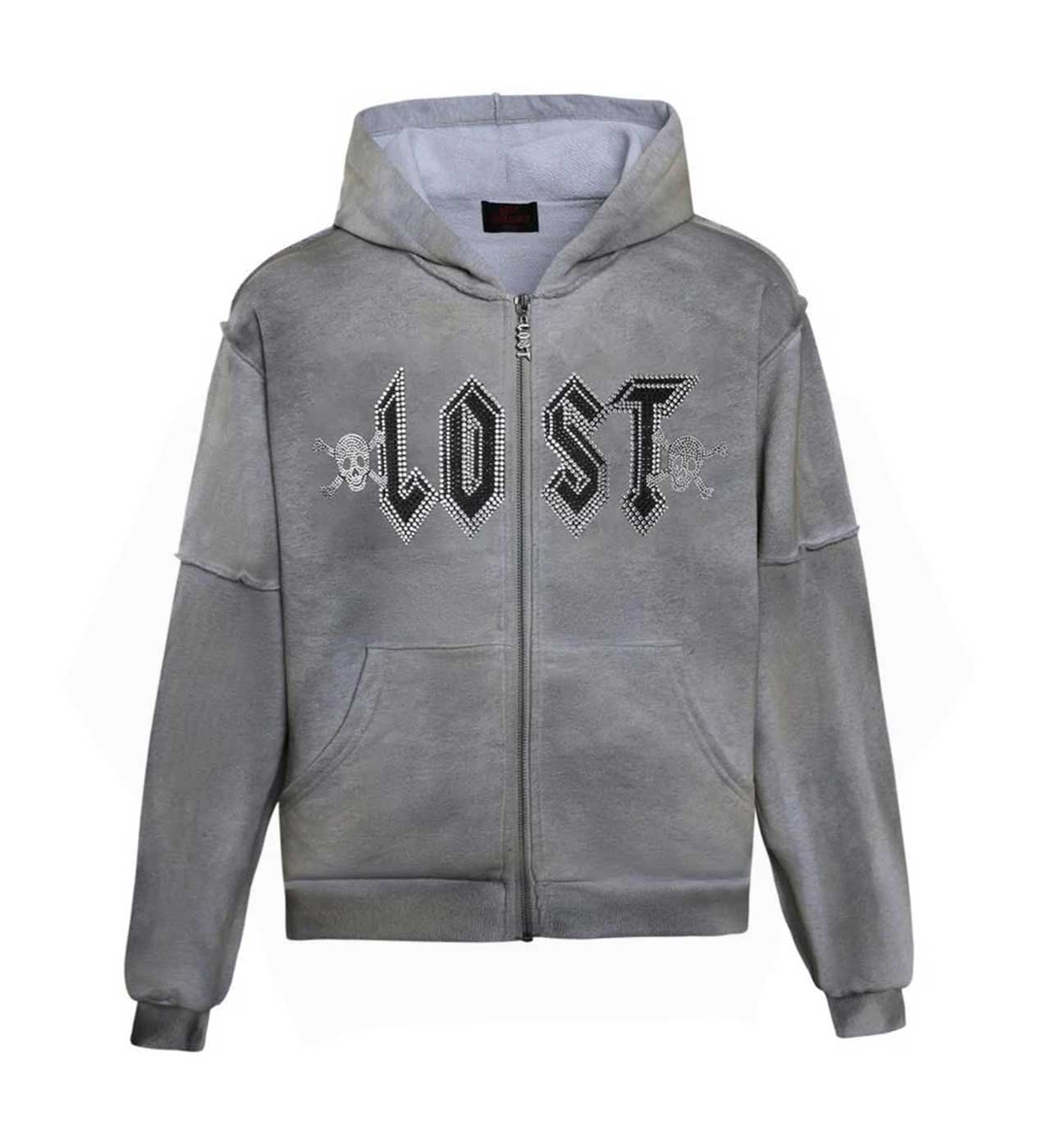 Lost Intricacy Grey Grunge Rhinestone Zip Up front