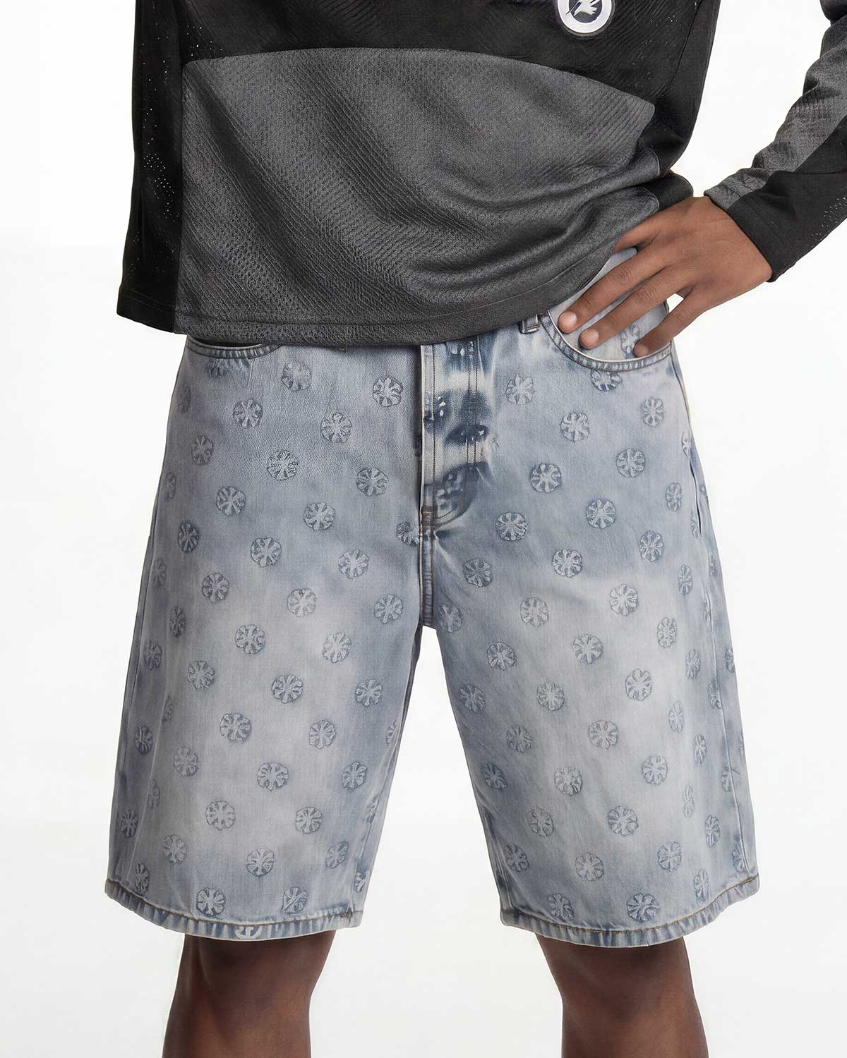 Lost Shdws Embossed Logo Denim Shorts Blue