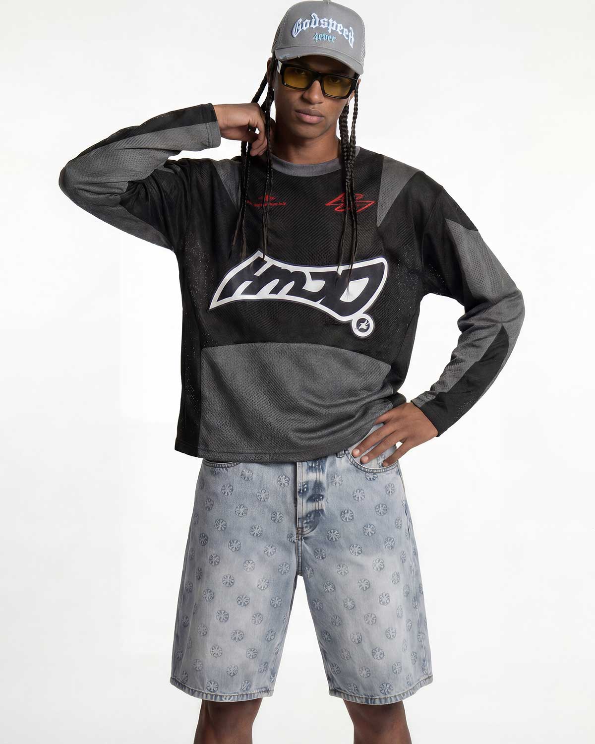 Lost Shdws Embossed Logo Denim Shorts Blue