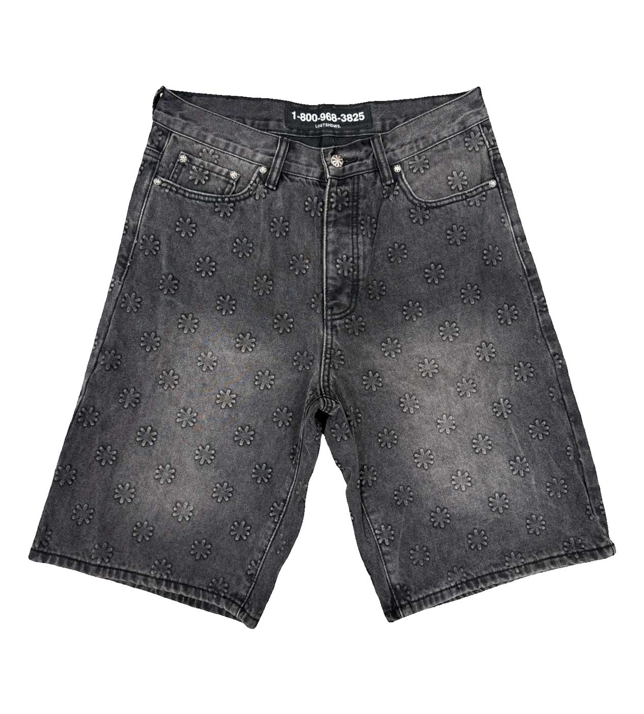 Lost Shdws Embossed Logo Denim Shorts Washed Black