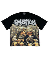 Mixed Emotions Angel Whispers Tee Black, black t-shirt with cherub photo graphic and Emotion wordmark, front view