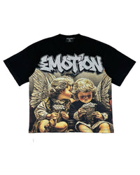 Mixed Emotions Angel Whispers Tee Black, black t-shirt with cherub photo graphic and Emotion wordmark, front view
