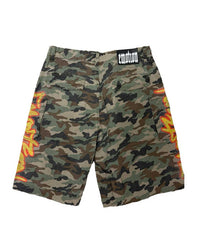 Mixed Emotions Battle Camo Shorts camo, back view with flap pockets and an Emotion waistband label