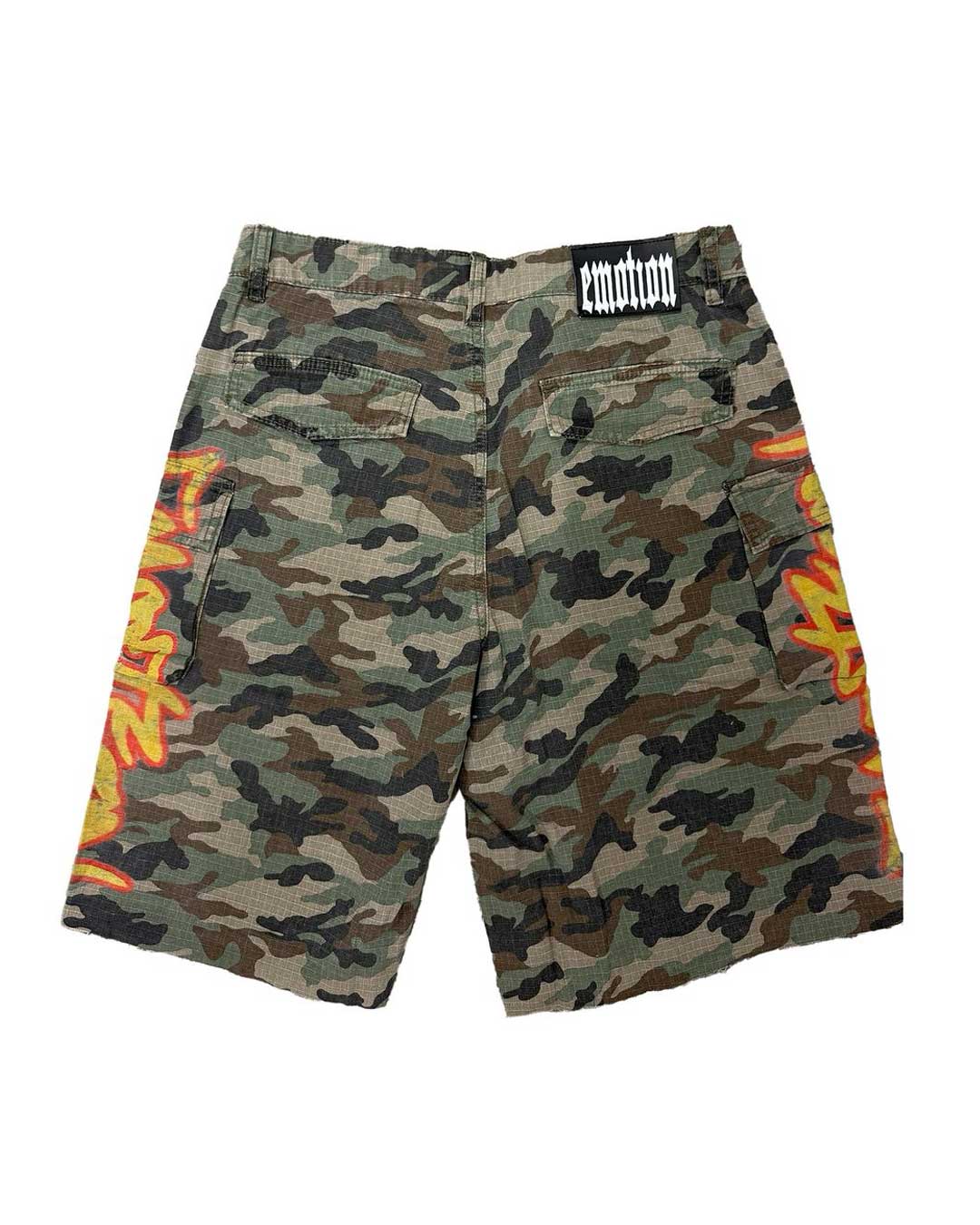 Mixed Emotions Battle Camo Shorts camo, back view with flap pockets and an Emotion waistband label