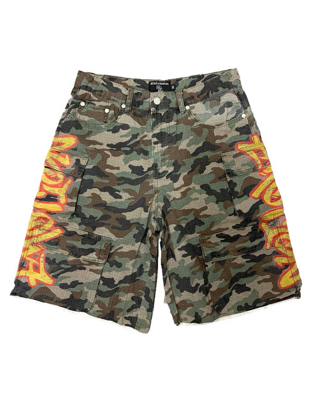 Mixed Emotions Battle Camo Shorts camo, woodland camo ripstop cargo shorts with yellow graffiti leg script, front view
