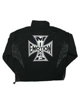 Mixed Emotions Classic Nylon Jacket black, back view with oversized rhinestone Iron Cross logo