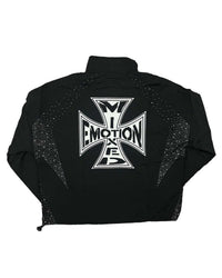 Mixed Emotions Classic Nylon Jacket black, back view with oversized rhinestone Iron Cross logo