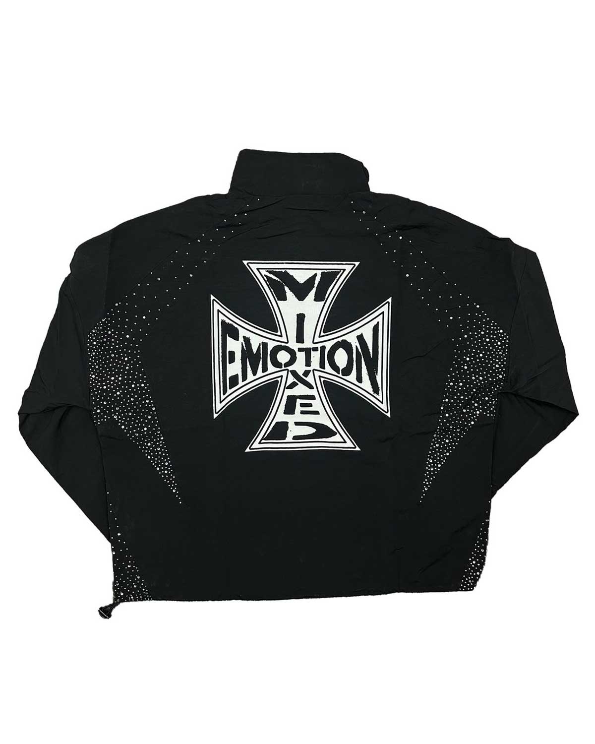 Mixed Emotions Classic Nylon Jacket black, back view with oversized rhinestone Iron Cross logo