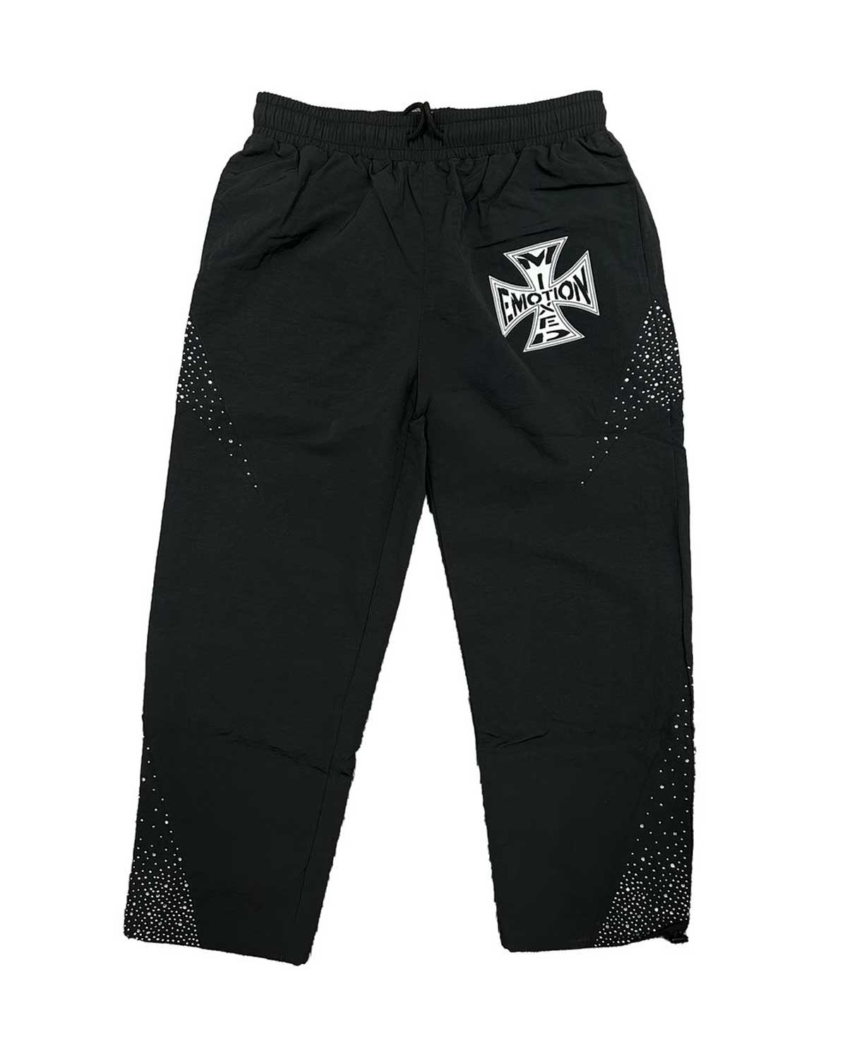 Mixed Emotions Classic Nylon Pant black, nylon track pant with rhinestone Iron Cross logo, front view