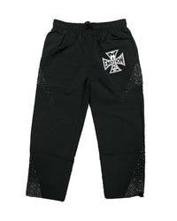 Mixed Emotions Classic Nylon Pant black, nylon track pant with rhinestone Iron Cross logo, front view