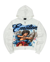 Mixed Emotions Cupids Arrow Zip Up Hoodie White, white zip hoodie with airbrushed cherub and bow graphic, front view