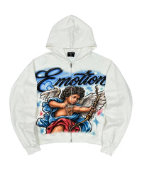 Mixed Emotions Cupids Arrow Zip Up Hoodie White, white zip hoodie with airbrushed cherub and bow graphic, front view