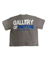 Mixed Emotions Gallery Tee grey, back view with distressed GALLERY OF EMOTIONS lettering