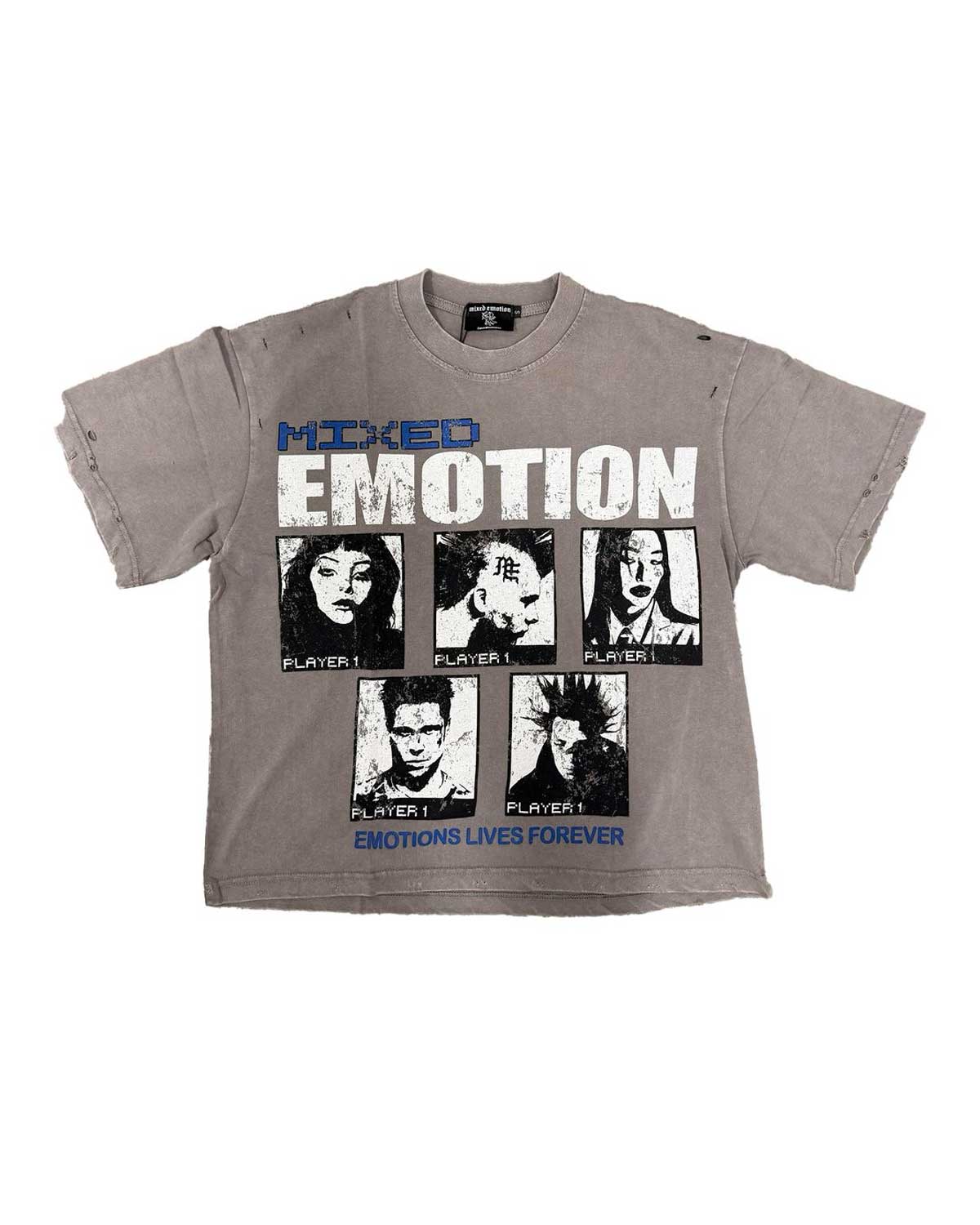 Mixed Emotions Gallery Tee grey, distressed t-shirt with black-and-white PLAYER 1 portrait panels, front view
