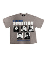 Mixed Emotions Gallery Tee grey, distressed t-shirt with black-and-white PLAYER 1 portrait panels, front view