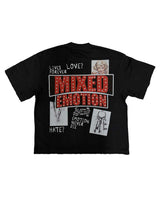 Mixed Emotions Lost Identity Tee black, back view with a studded Mixed Emotion lockup and photo cutouts