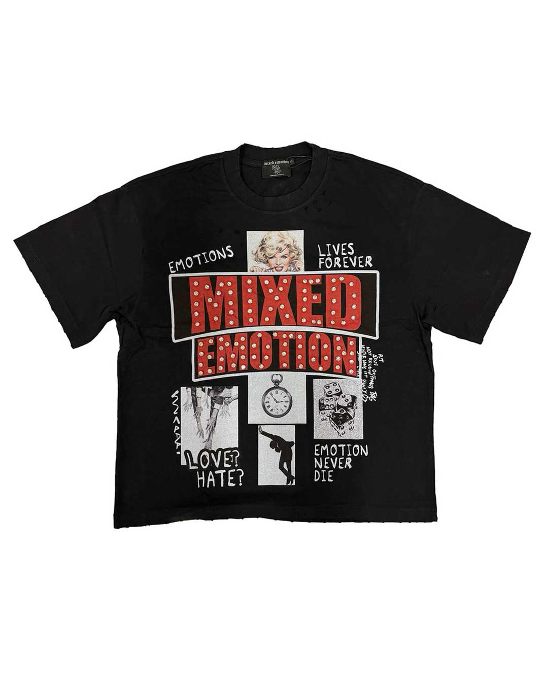 Mixed Emotions Lost Identity Tee black, cotton tee with a studded red Mixed Emotion lockup over a glitter cross collage, front view