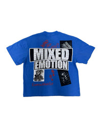 Mixed Emotions Lost Identity Tee blue, back view with rhinestone MIXED EMOTION logo and red WHO ARE YOU lettering