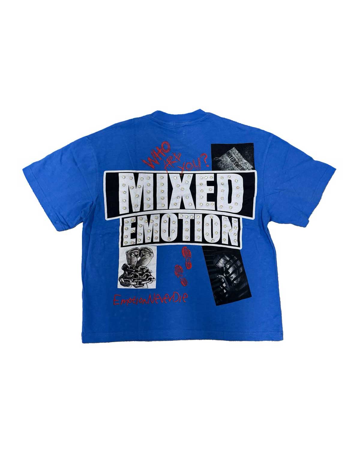 Mixed Emotions Lost Identity Tee blue, back view with rhinestone MIXED EMOTION logo and red WHO ARE YOU lettering