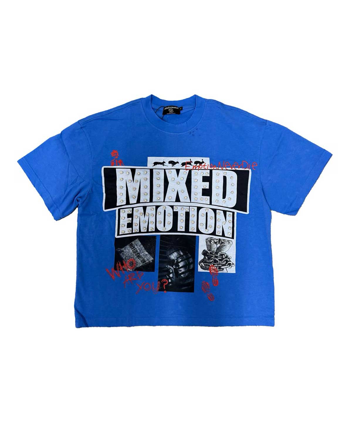 Mixed Emotions Lost Identity Tee blue, t-shirt with rhinestone MIXED EMOTION block logo and photo collage, front view