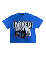 Mixed Emotions Lost Identity Tee blue, t-shirt with rhinestone MIXED EMOTION block logo and photo collage, front view