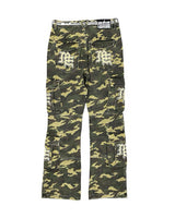 Mixed Emotions ME Camo Cargo Pants green camo, back view with white Old English ME patch pockets