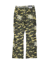 Mixed Emotions ME Camo Cargo Pants green camo, back view with white Old English ME patch pockets