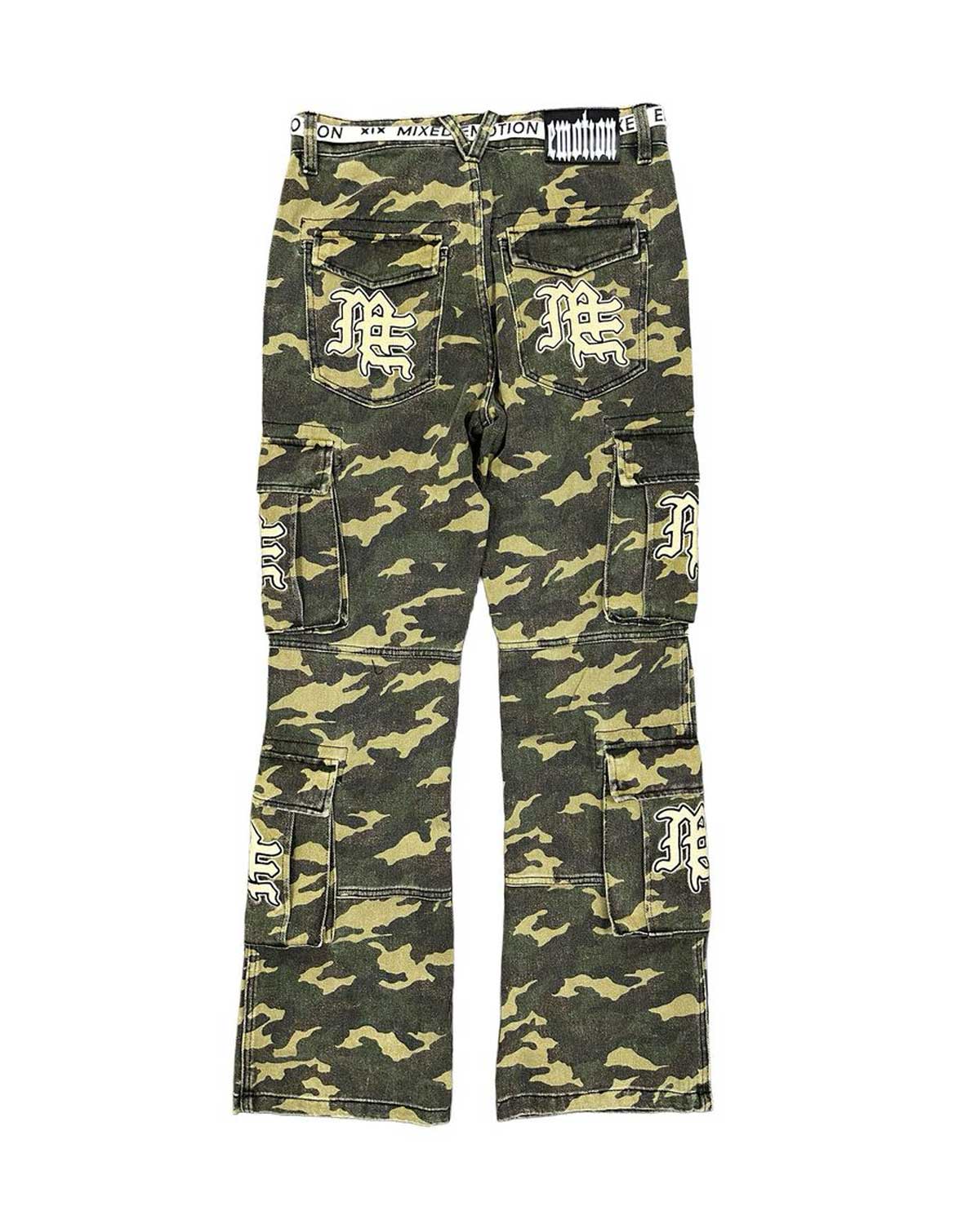 Mixed Emotions ME Camo Cargo Pants green camo, back view with white Old English ME patch pockets