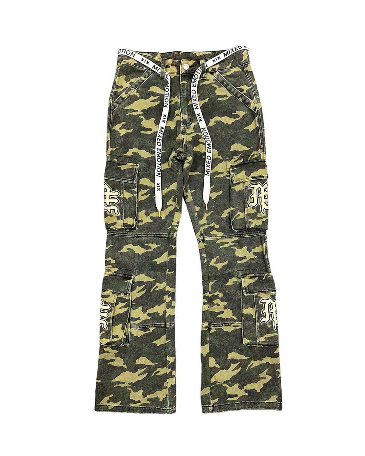 Mixed Emotions ME Camo Cargo Pants green camo, stacked cargo pants with white Old English ME patches, front view