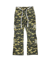 Mixed Emotions ME Camo Cargo Pants green camo, stacked cargo pants with white Old English ME patches, front view