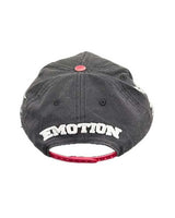 Mixed Emotions ME Hat black, back view with arched Emotion embroidery above the snapback strap