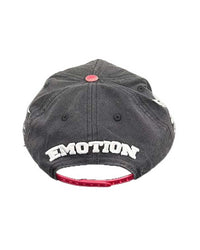 Mixed Emotions ME Hat black, back view with arched Emotion embroidery above the snapback strap