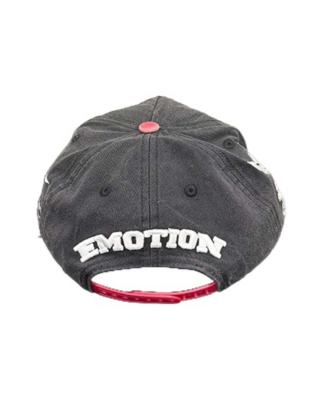 Mixed Emotions ME Hat black, back view with arched Emotion embroidery above the snapback strap