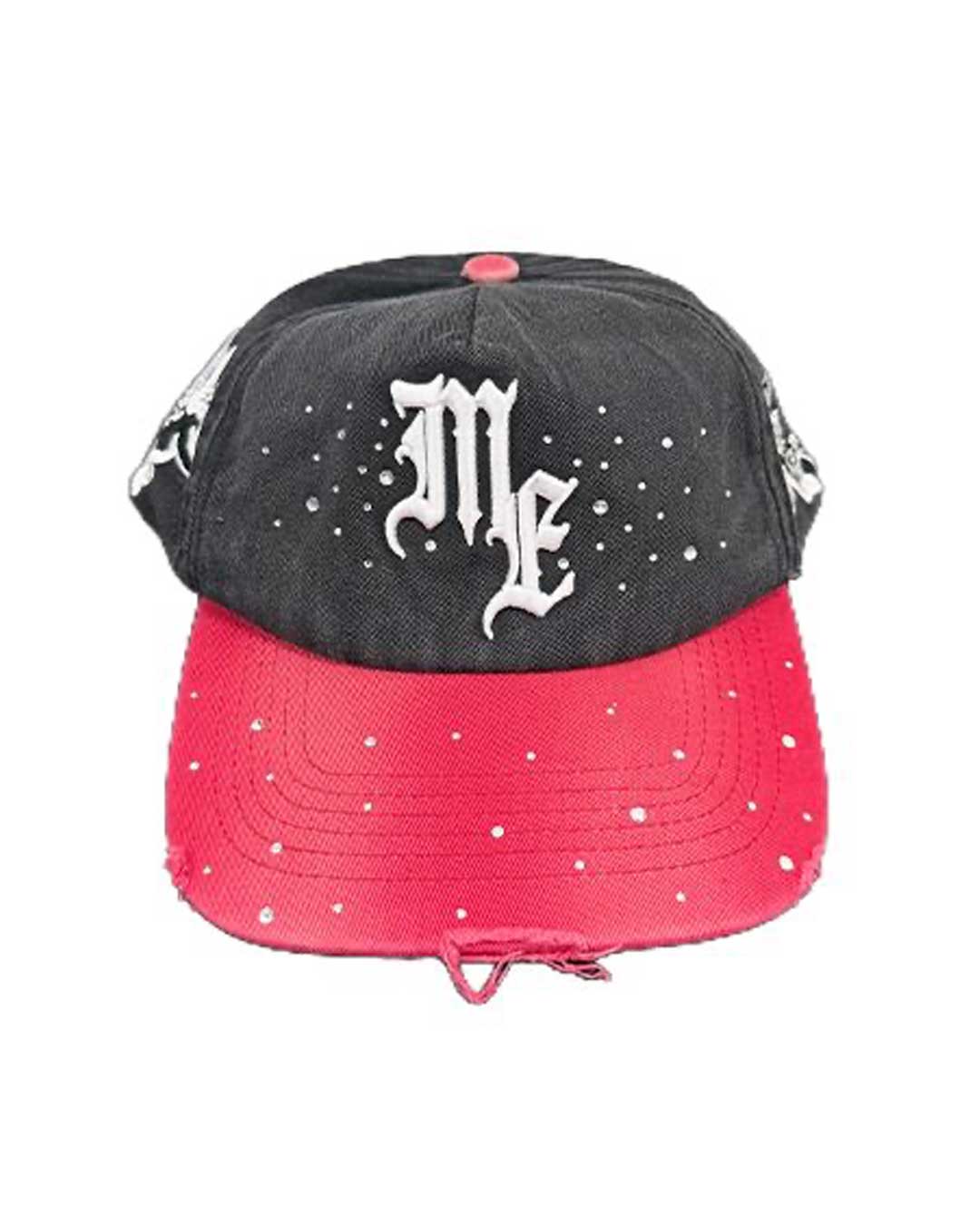 Mixed Emotions ME Hat black, black snapback with a white gothic ME logo, rhinestones and a red brim, front view