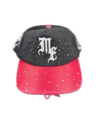 Mixed Emotions ME Hat black, black snapback with a white gothic ME logo, rhinestones and a red brim, front view