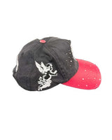 Mixed Emotions ME Hat black, side view of the distressed black crown