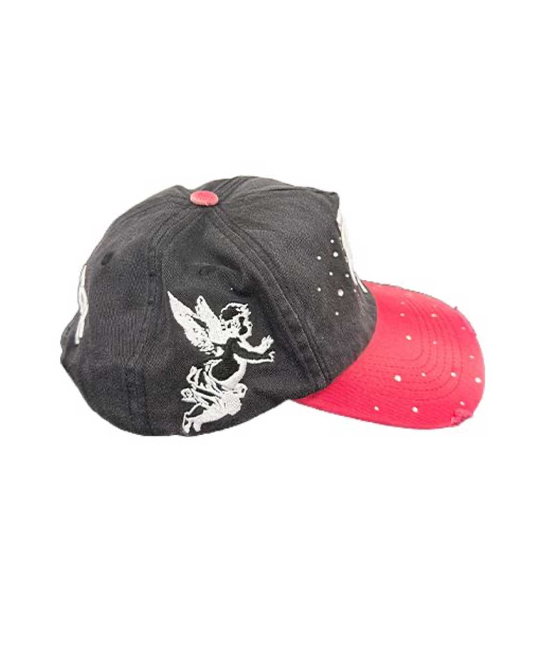 Mixed Emotions ME Hat black, side view of the distressed black crown