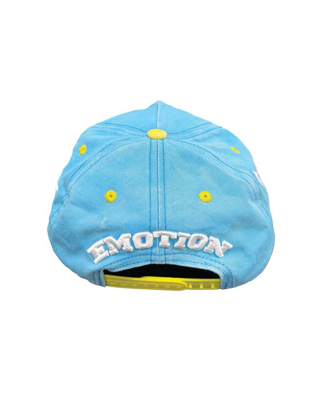 Mixed Emotions ME Hat blue, back view with arched Emotion embroidery above a yellow snapback strap