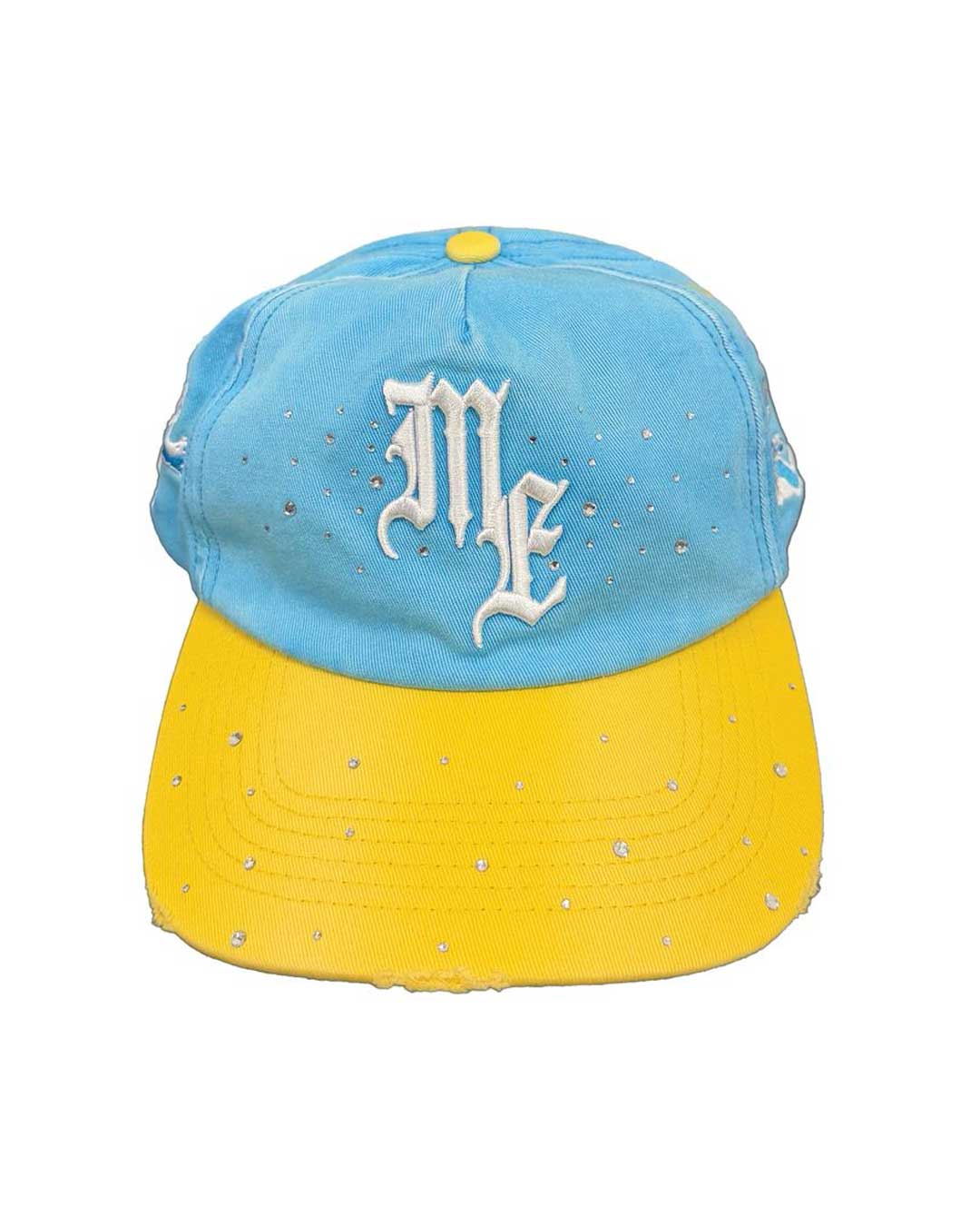 Mixed Emotions ME Hat blue, sky blue snapback with a white gothic ME logo, rhinestones and a yellow brim, front view