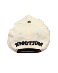 Mixed Emotions ME Hat tan, back view with arched Emotion embroidery above the snapback strap