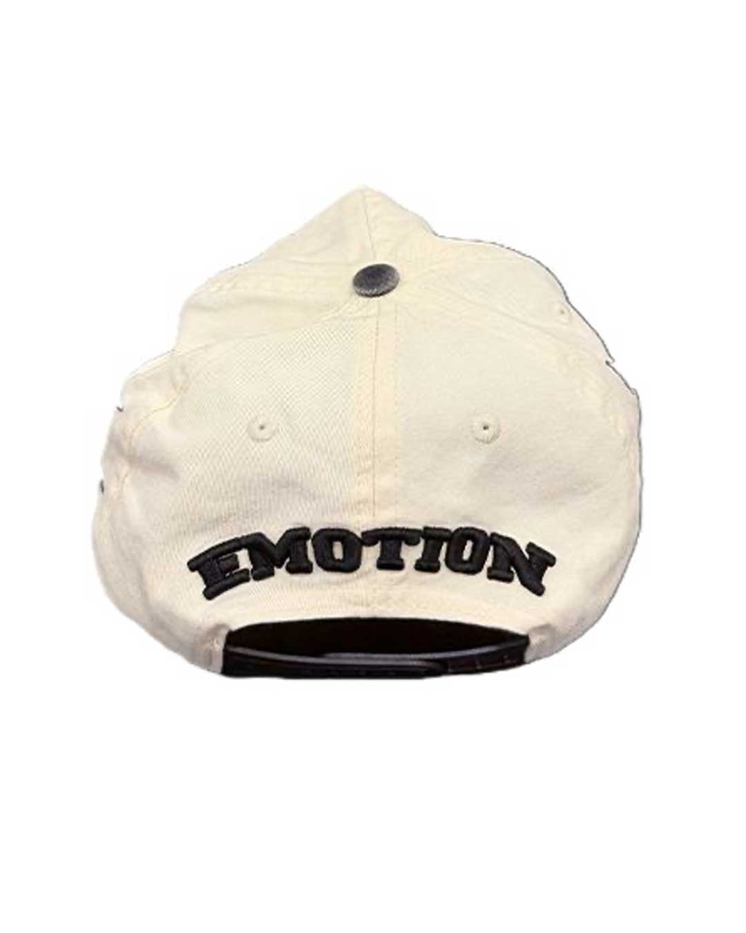 Mixed Emotions ME Hat tan, back view with arched Emotion embroidery above the snapback strap